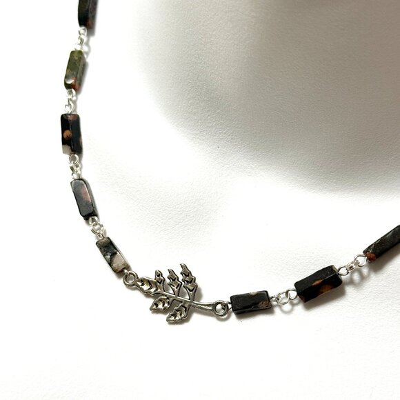 Genuine Dark Green Ocean Jasper Short Necklace, Gemstone & Leaf Branch Pendant - Picture 1 of 13